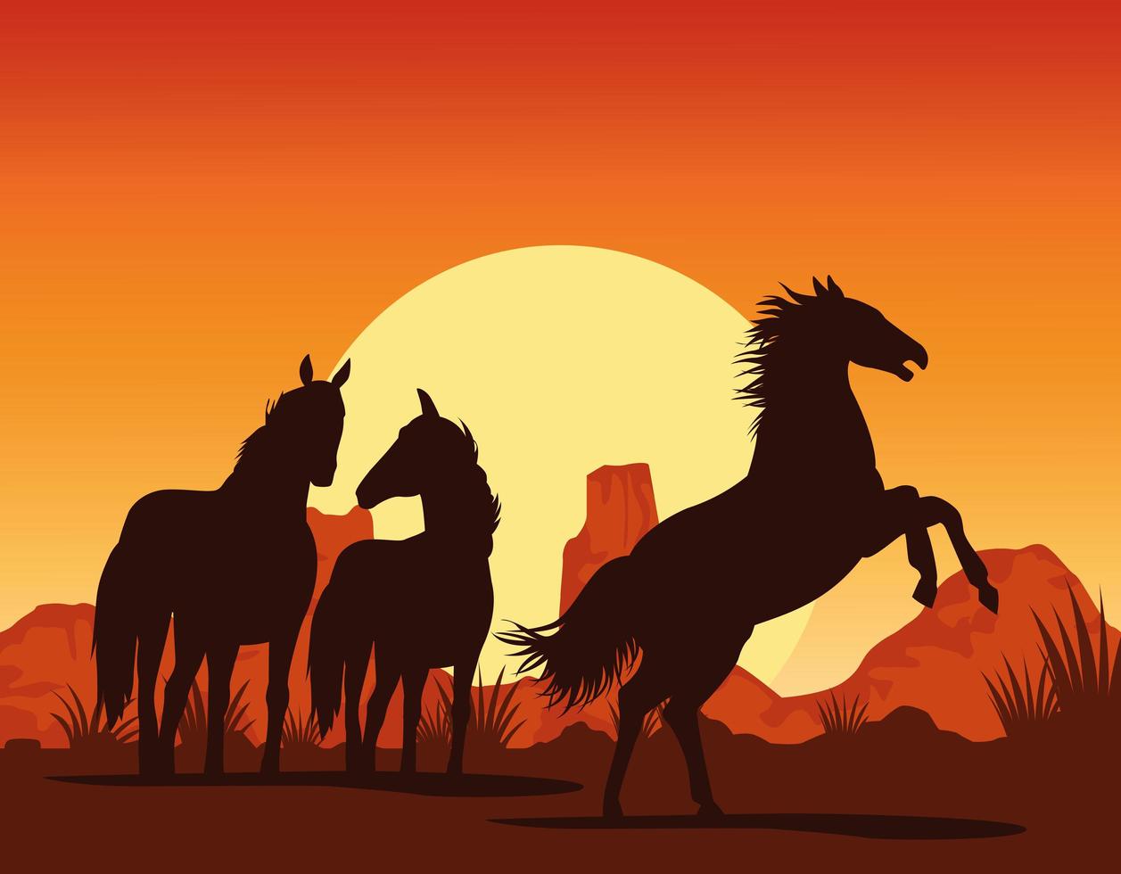 chevaux silhouettes d'animaux noirs dans le paysage du désert vecteur