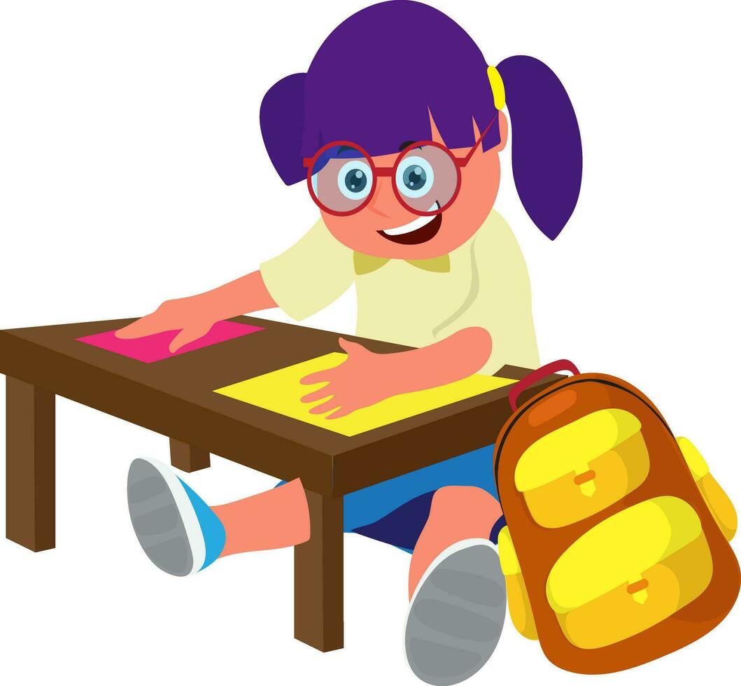 dessin animé personnage de fille avec école sac. vecteur