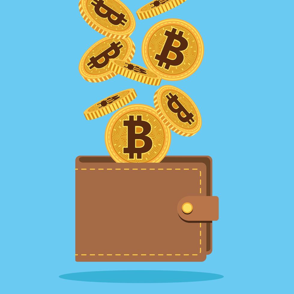 Bitcoins cyber argent dans le portefeuille vecteur