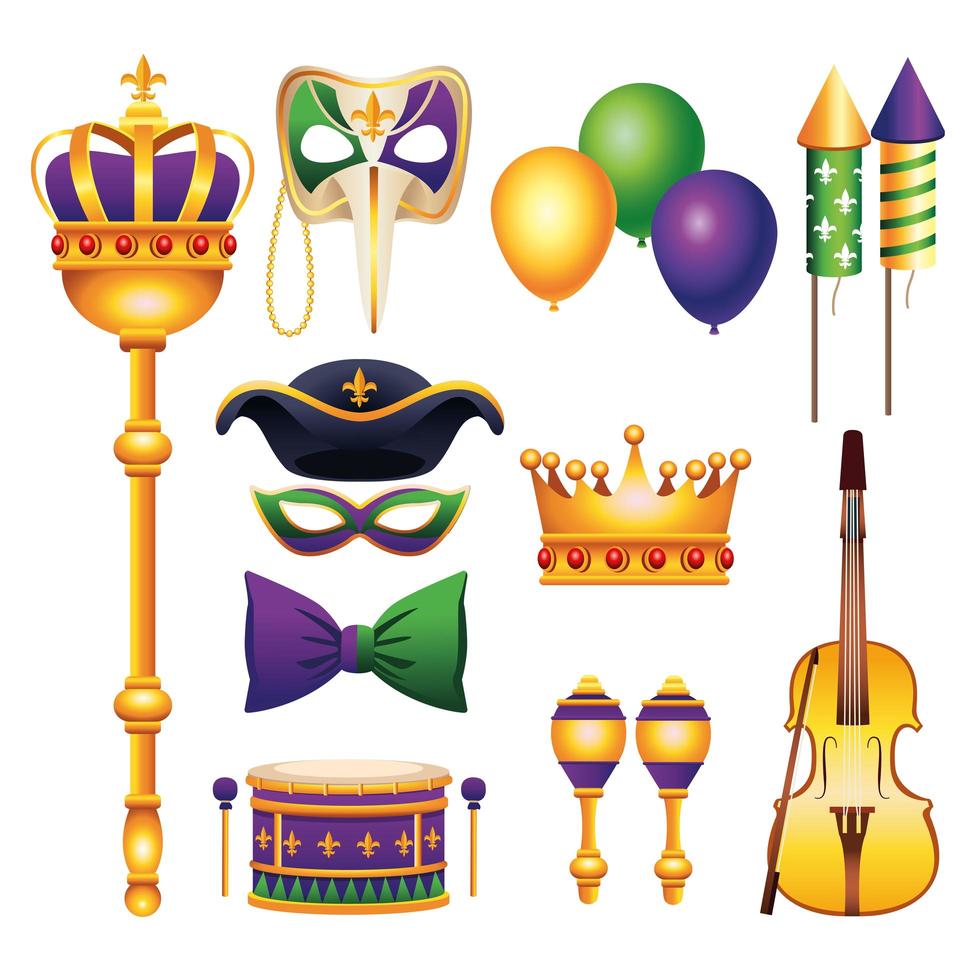 bundle of onze mardi gras carnaval célébration set icons vecteur