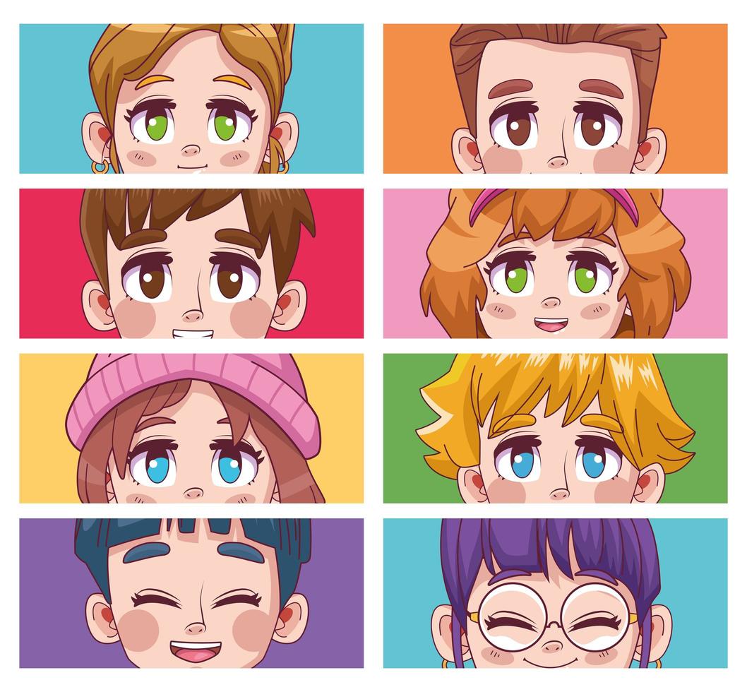 groupe de huit jeunes adolescents mignons personnages de manga anime vecteur