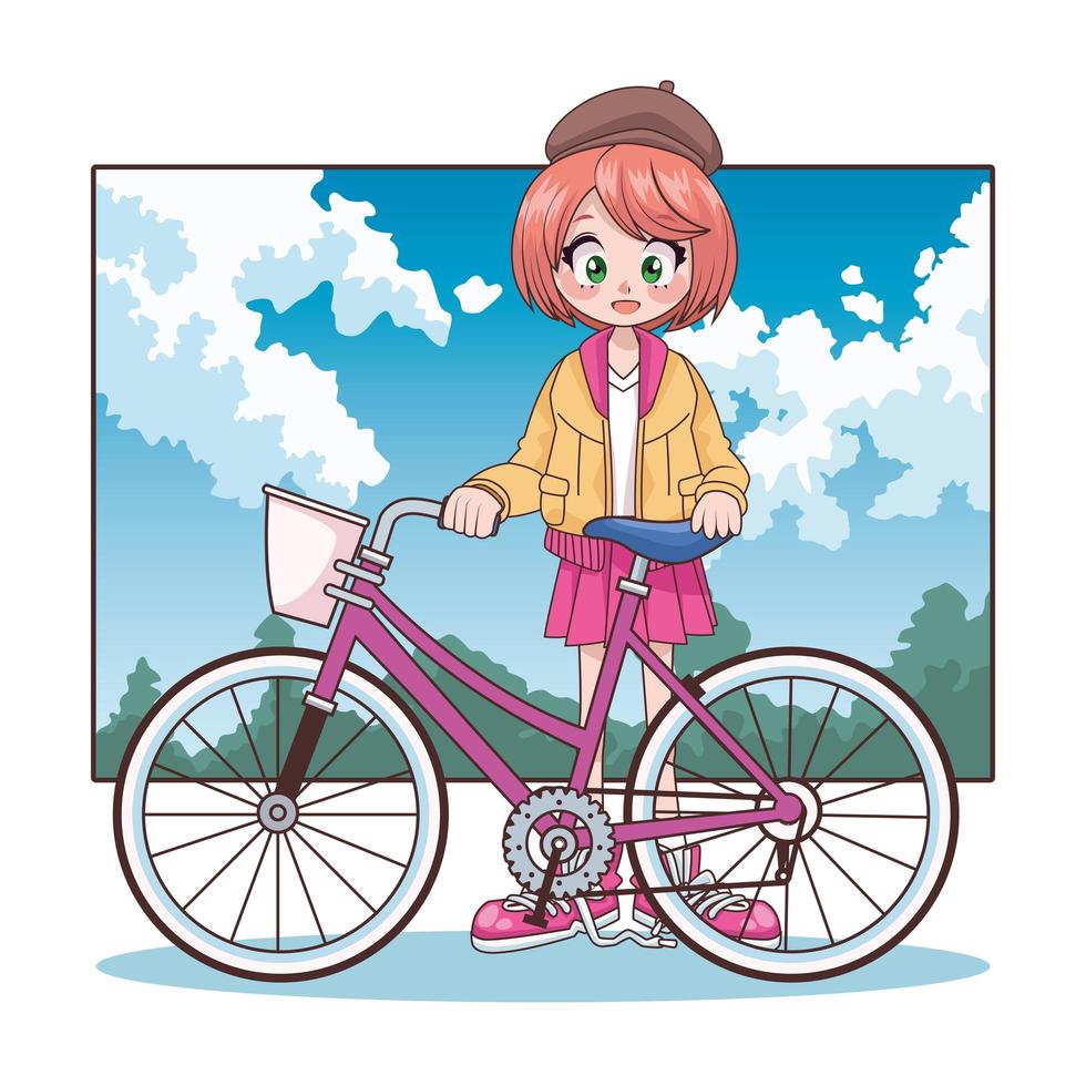 Belle fille adolescente en personnage d'anime de vélo dans le paysage vecteur