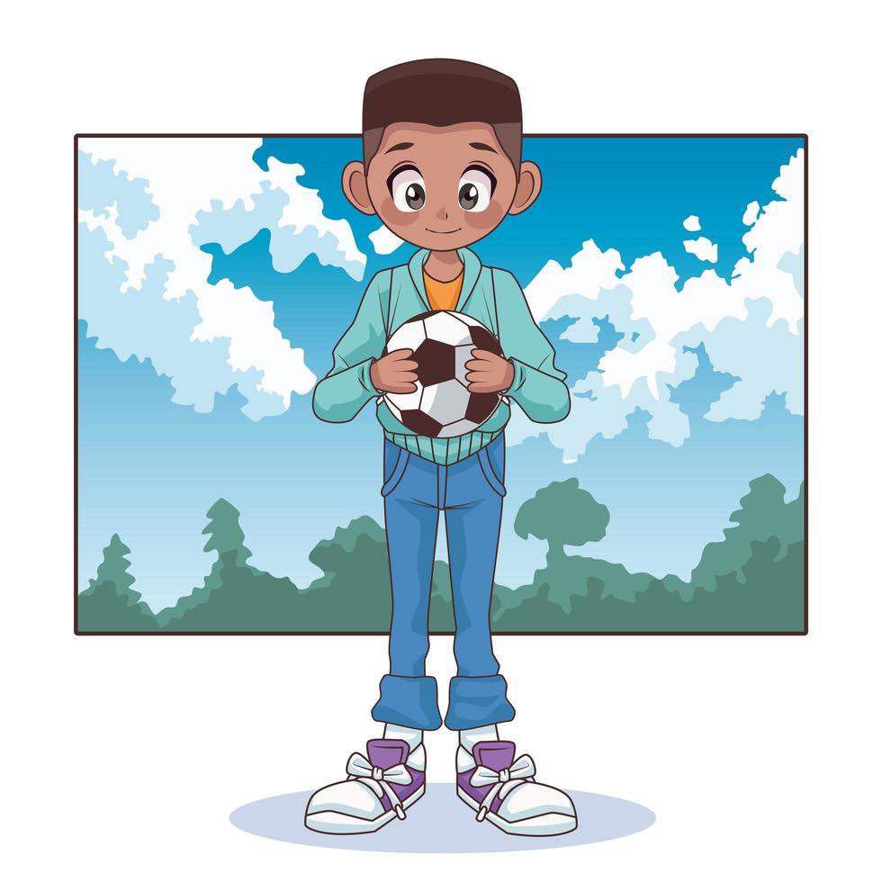 Jeune enfant garçon adolescent afro avec ballon de football dans le paysage vecteur