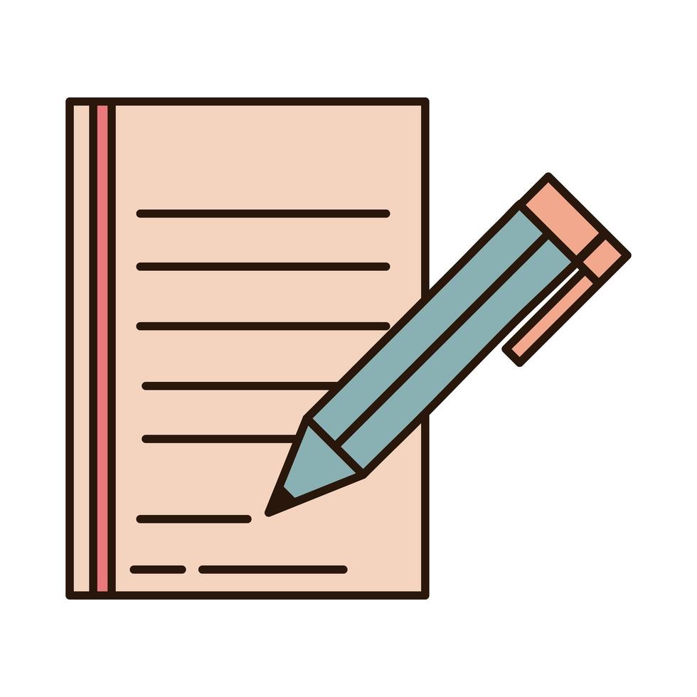 stylo d'éducation scolaire écrit sur la ligne d'approvisionnement en papier et l'icône de style de remplissage vecteur