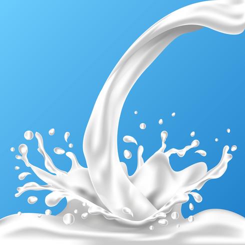 Éclaboussures et tourbillonnement de lait liquide pour la conception sur fond bleu vecteur