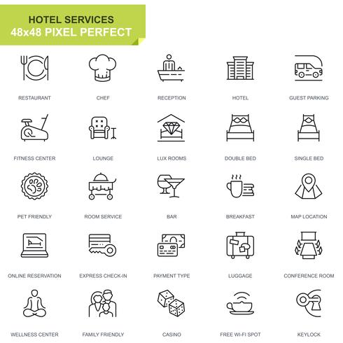 Icônes de ligne de service d'hôtel simples pour sites Web et applications mobiles vecteur