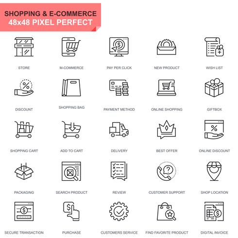 Icônes de ligne de magasinage et de commerce électronique simples pour sites Web et applications mobiles vecteur