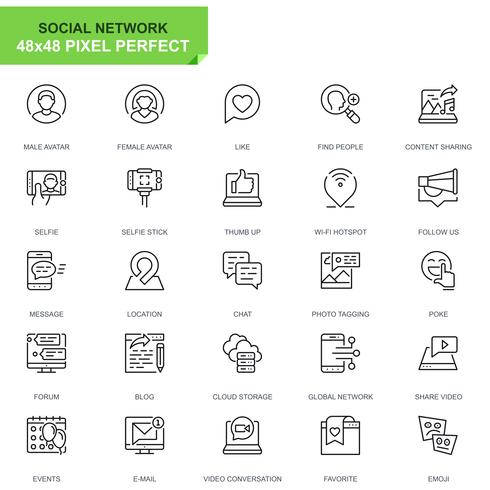 Ensemble de médias sociaux et d'icônes de lignes de réseau simples pour sites Web et applications mobiles vecteur