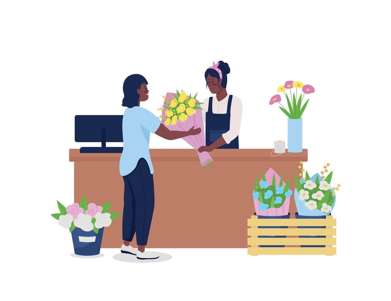 femmes afro-américaines acheter et vendre des fleurs caractère détaillé de vecteur de couleur plat