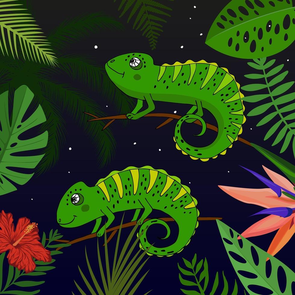 caméléon de dessin animé mignon avec des feuilles et des fleurs tropicales vecteur