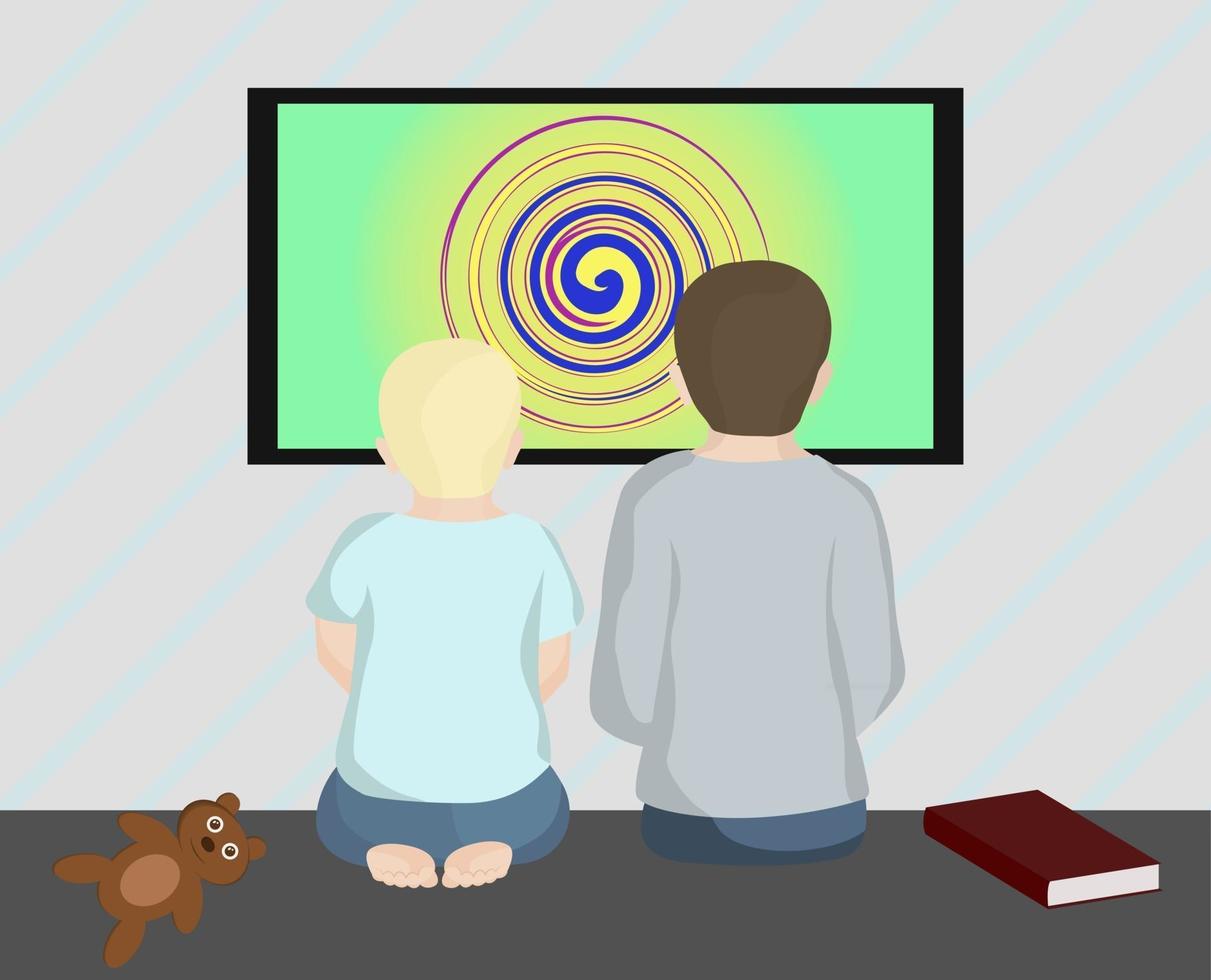 les enfants sont assis et regardent la télévision les enfants ont oublié les jouets vector illustration