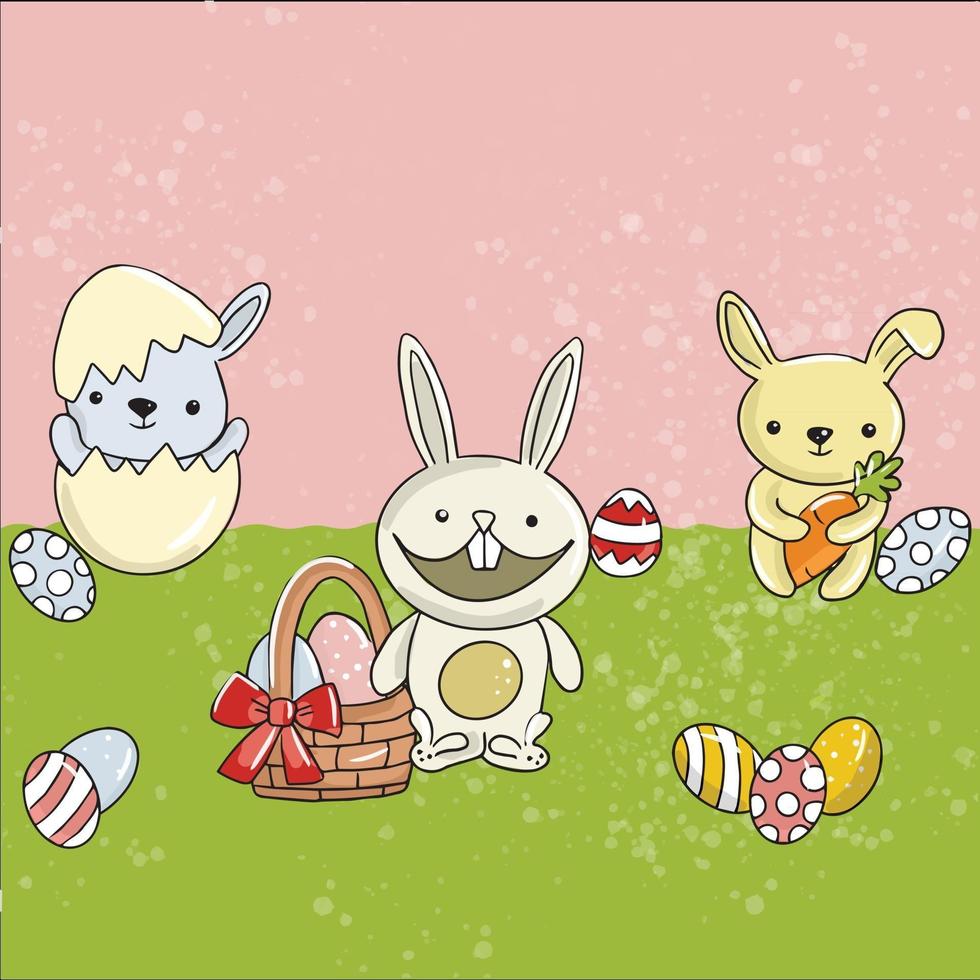 Vector illustration de Pâques de lapins avec des oeufs dans le pré sur fond vert rose