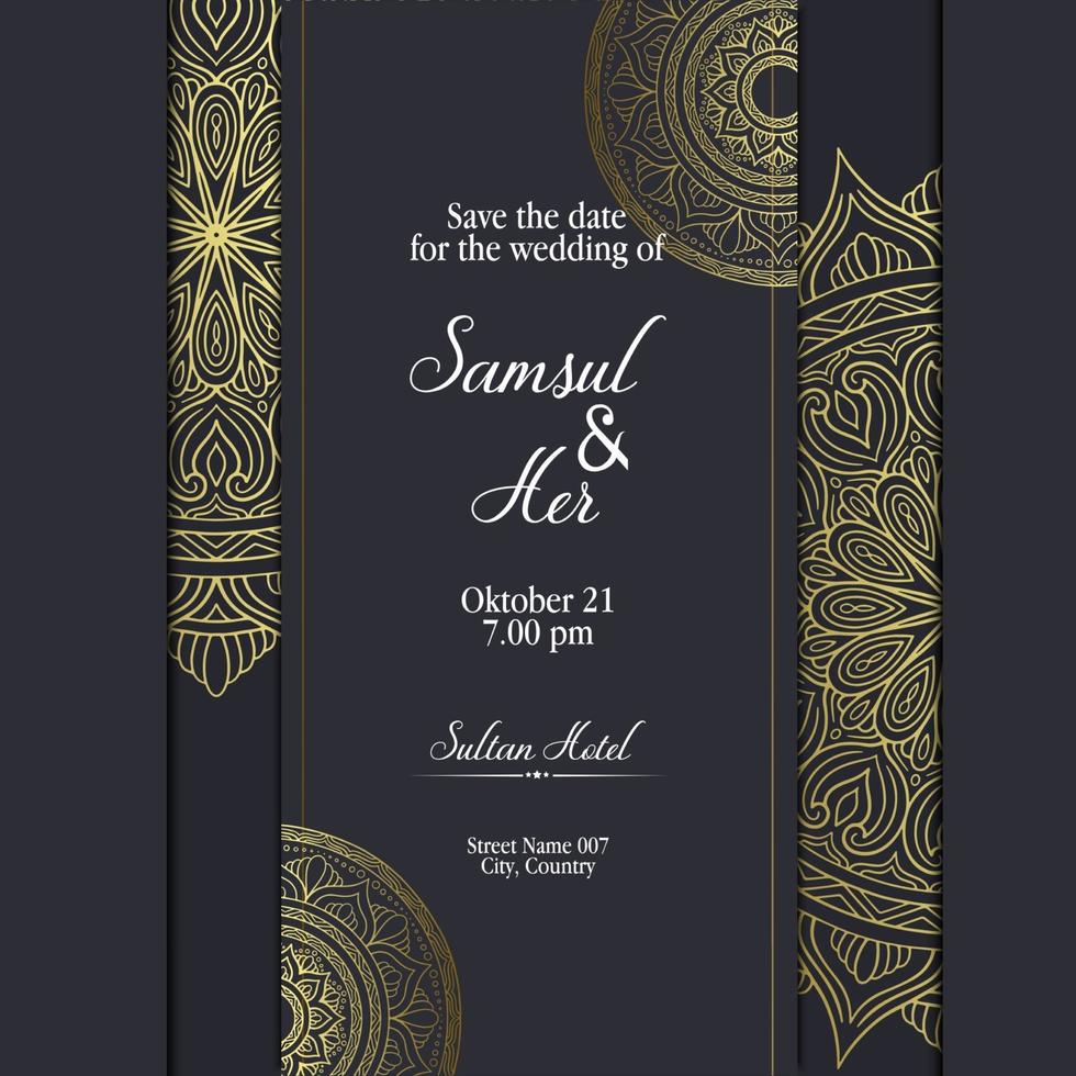 fond orné de mandala or de luxe pour invitation de mariage vecteur