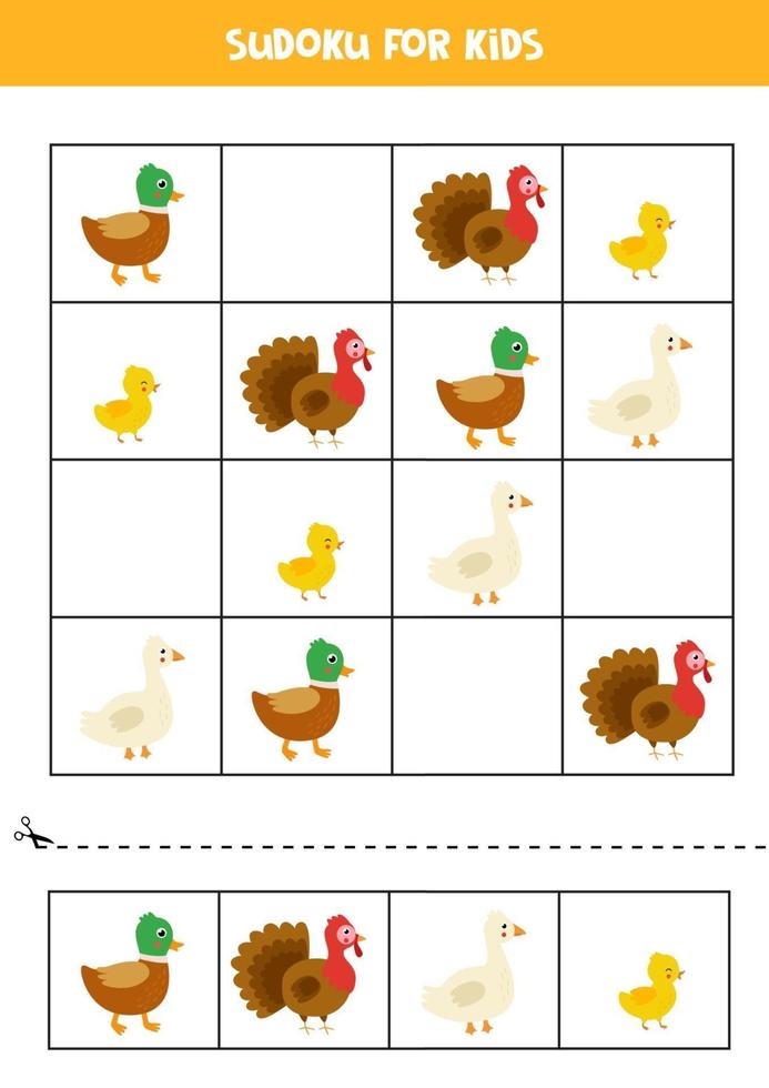 jeu de sudoku pour les enfants avec de jolis oiseaux de la ferme vecteur