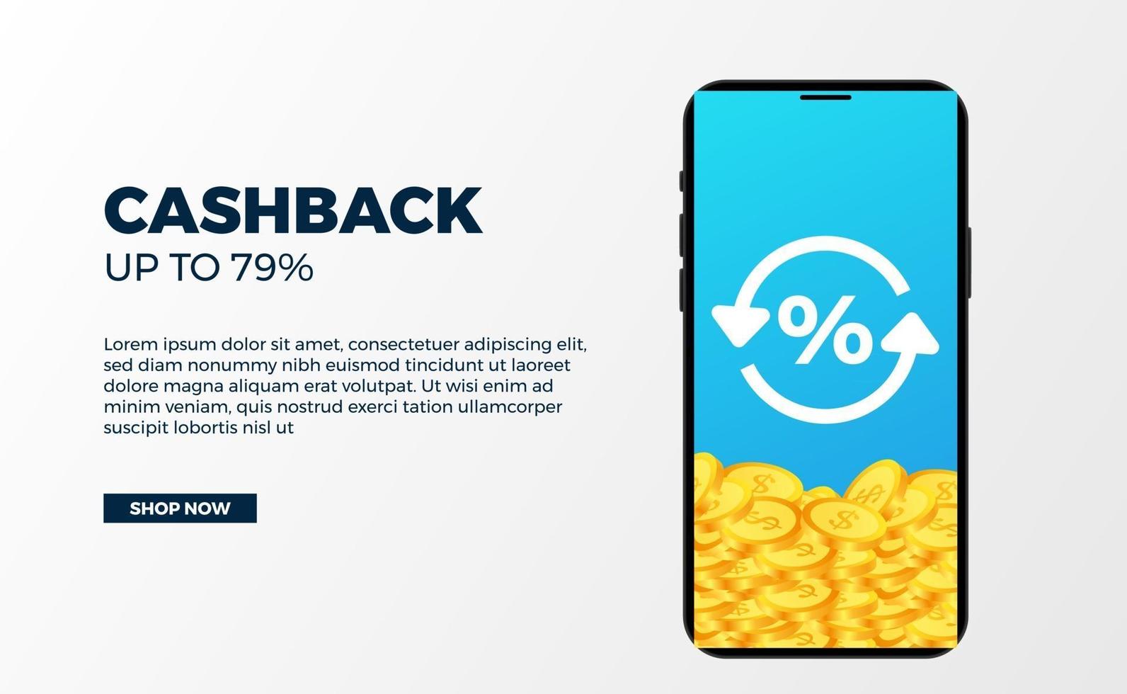 Cashback bannière promotion argent publicité avec 3d pièce d'or dollar avec téléphone avec fond blanc vecteur