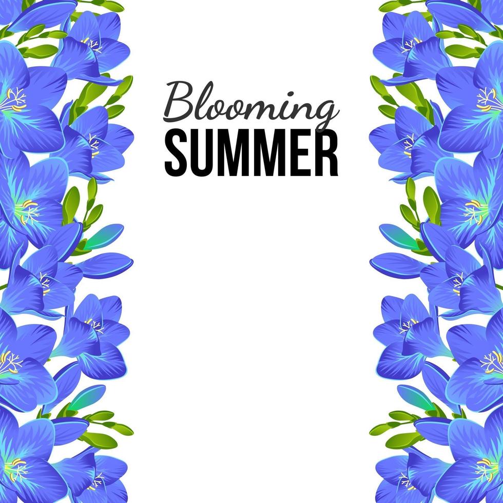 bannière blanche avec des fleurs bleues sur les bords vecteur