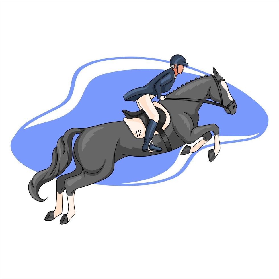 équitation, femme, équitation, cheval saut, dessin animé, style vecteur