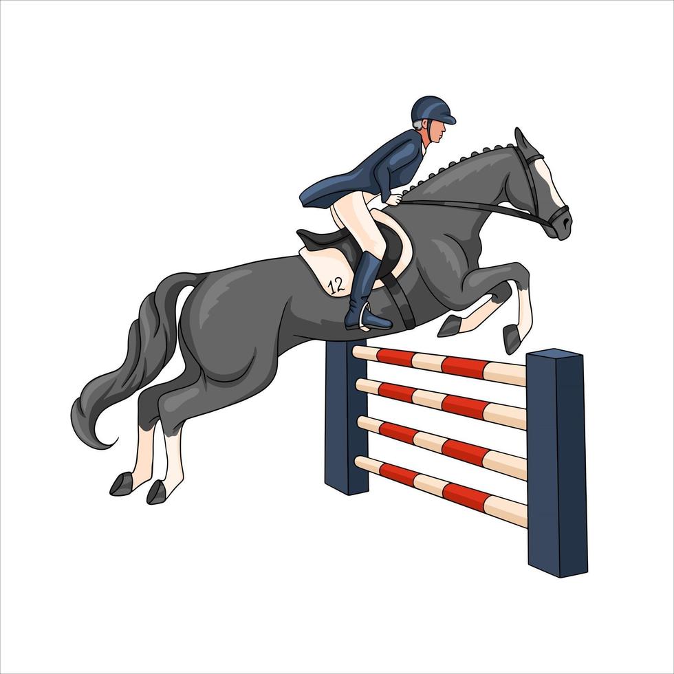 équitation, femme, équitation, a, cheval, sur, a, obstacle, dans, dessin animé, style vecteur