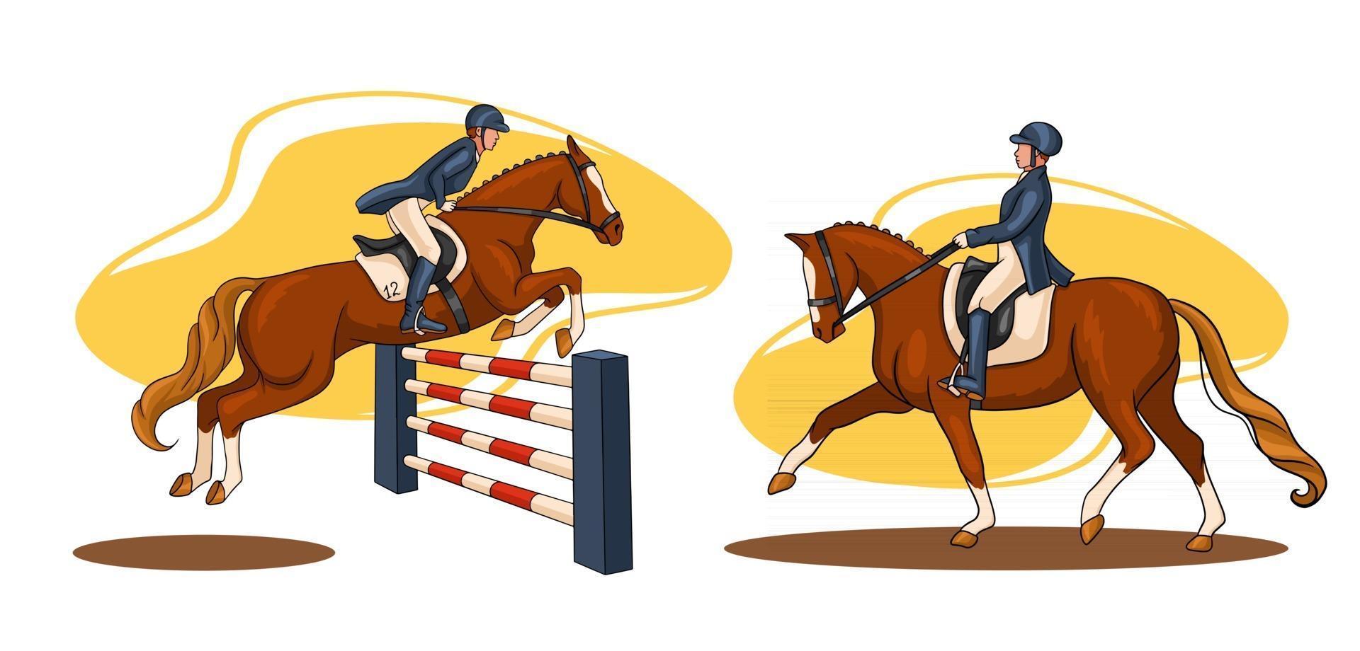 équitation, femme, équitation, cheval dressage, dans, dessin animé, style vecteur