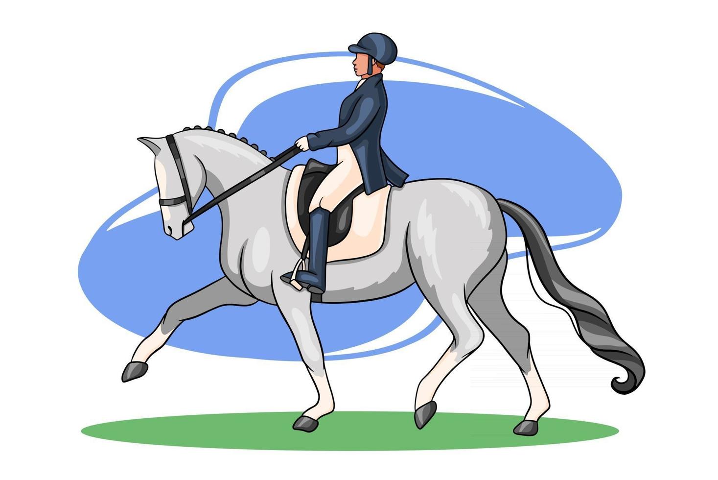 équitation, femme, équitation, cheval dressage, dans, dessin animé, style vecteur