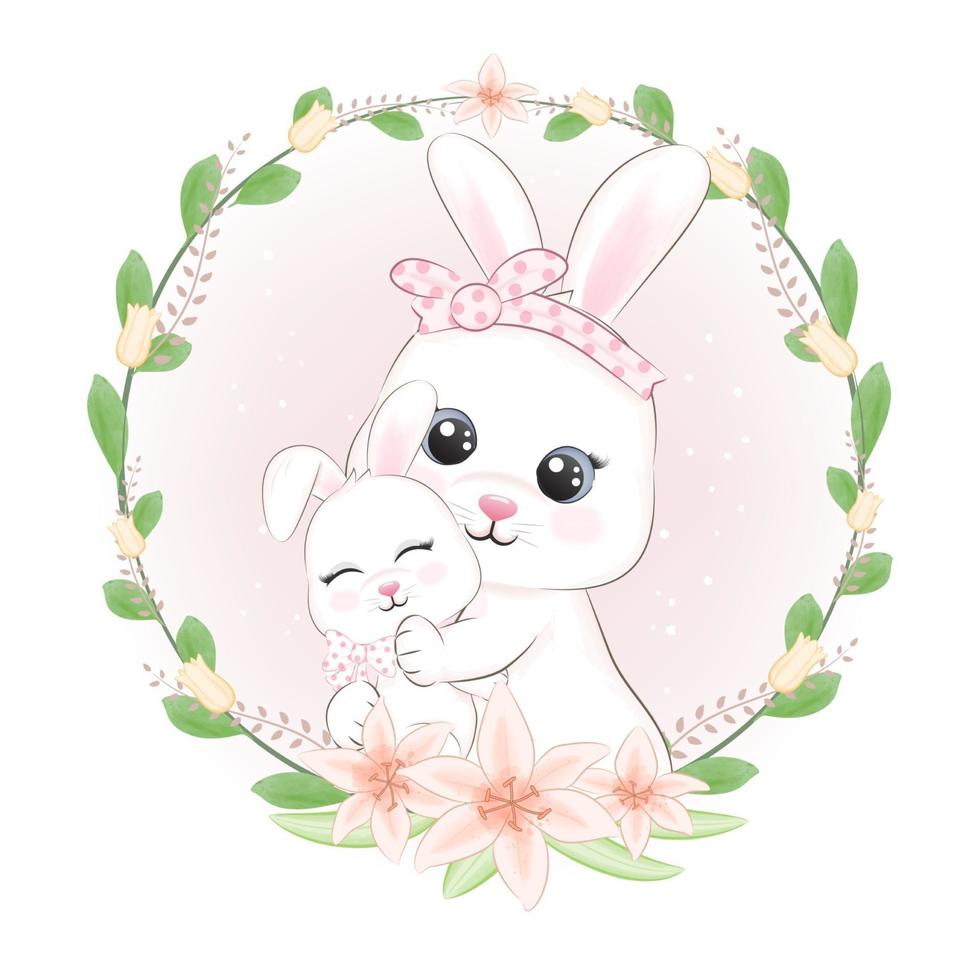 petit lapin avec cadre maman et fleurs vecteur