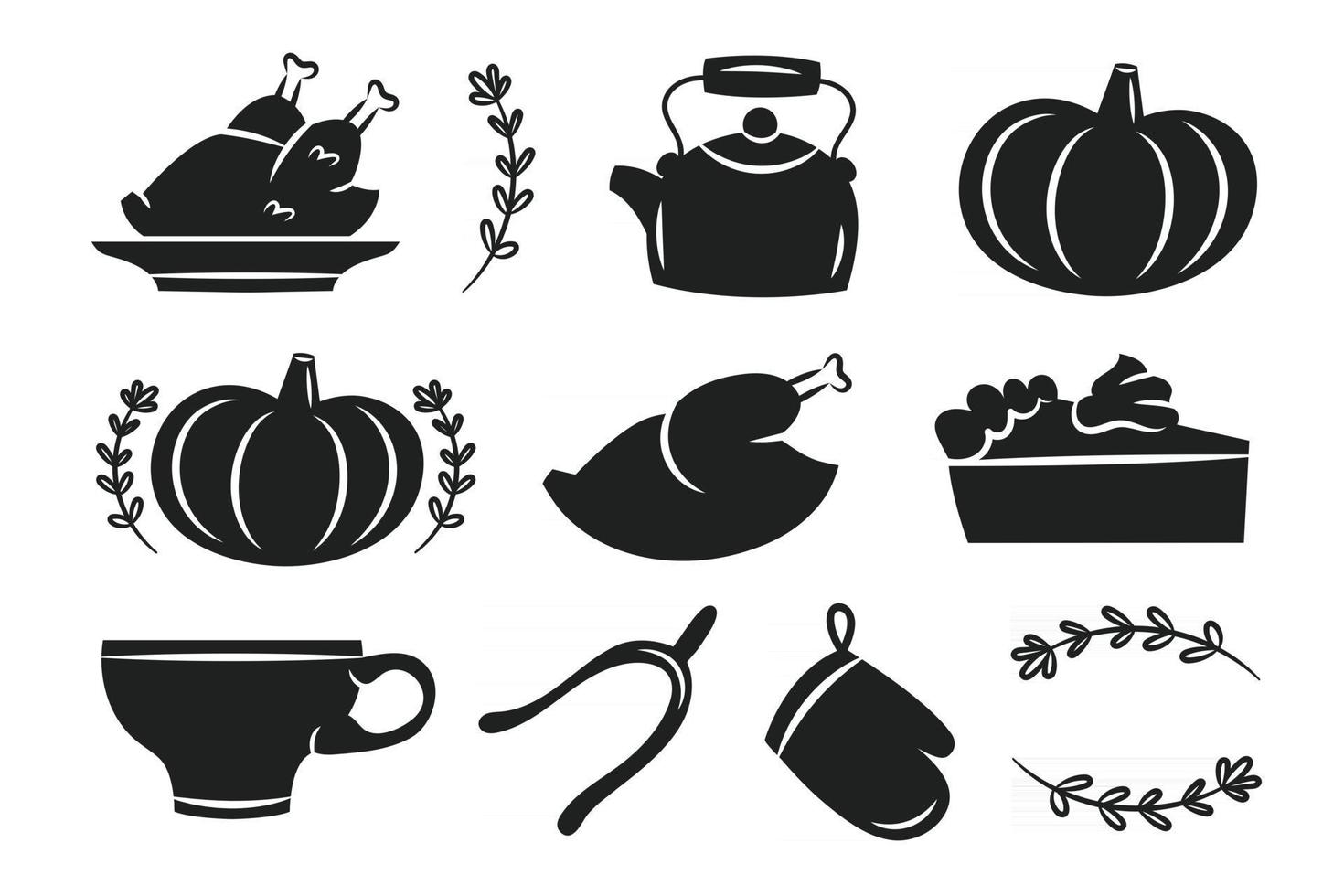 Thanksgiving autocollants étiquettes automne novembre vacances dinde citrouille tasse bouilloire tarte four gant herbes couper planche fichier silhouettes noires vecteur