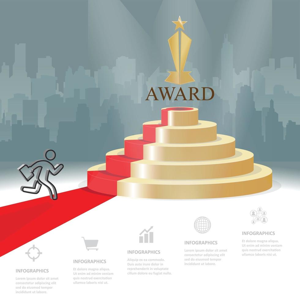 cinq étapes de stratégie d'escalier pour objectif l'homme d'affaires est en cours d'exécution sur le tapis rouge pour récompenser le podium trophée d'or vecteur business concepts réussis infographie modèle