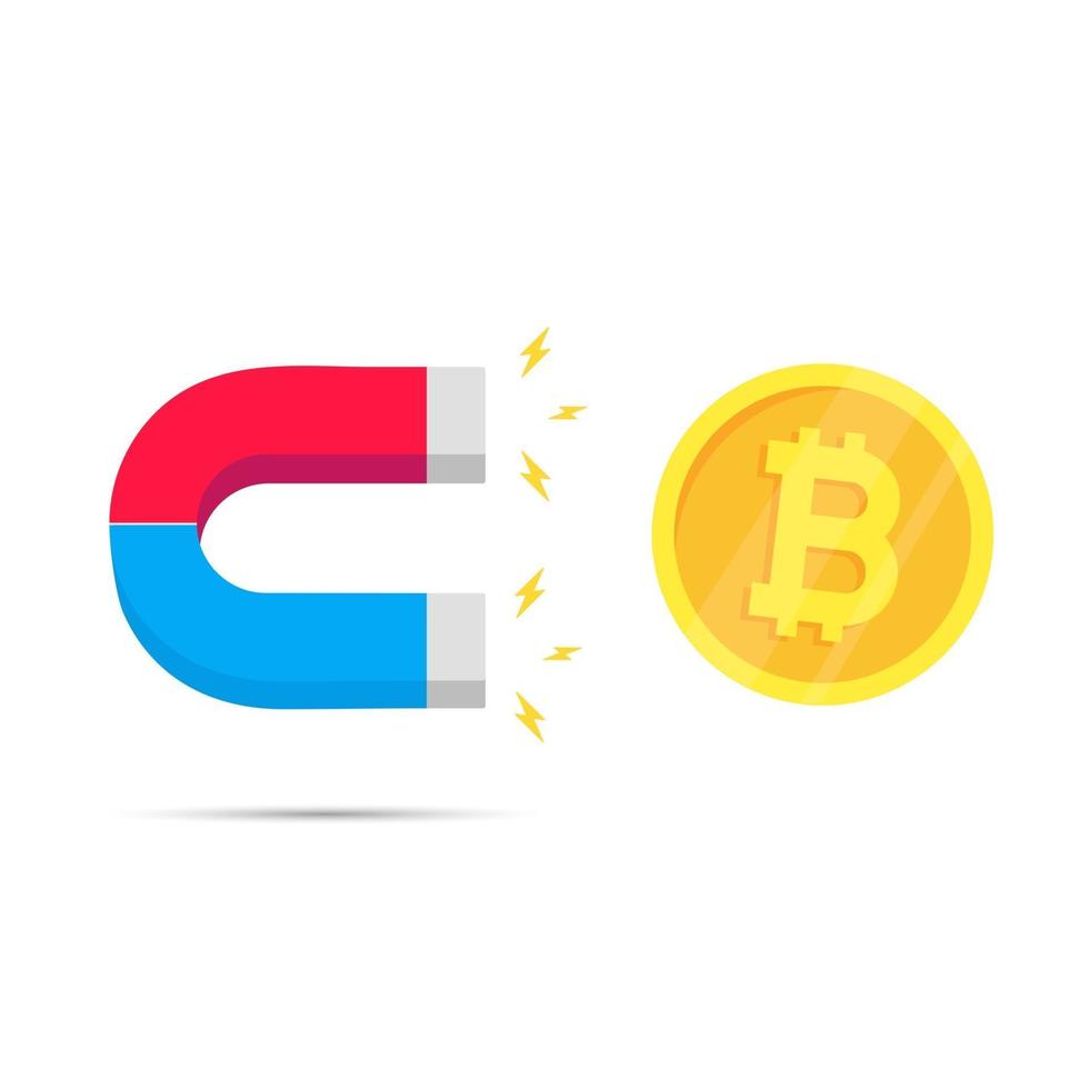 rouge et bleu fer à cheval aimant icône signe attirer pièce d'or crypto monnaie bitcoin magnétisme argent magnétiser champ symbole concept plat style design illustration vectorielle isolé sur fond blanc vecteur