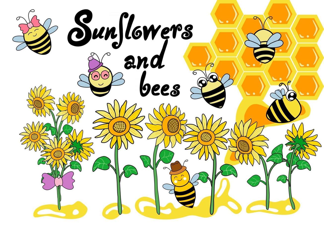 tournesol et abeille ensemble clipart et artisanat vecteur