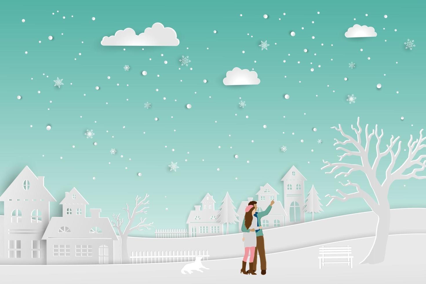 concept d & # 39; amour en couple de saison d & # 39; hiver debout sur la neige avec illustration vectorielle de paysage de campagne urbaine pour la Saint-Valentin bonne année ou joyeux noël vecteur