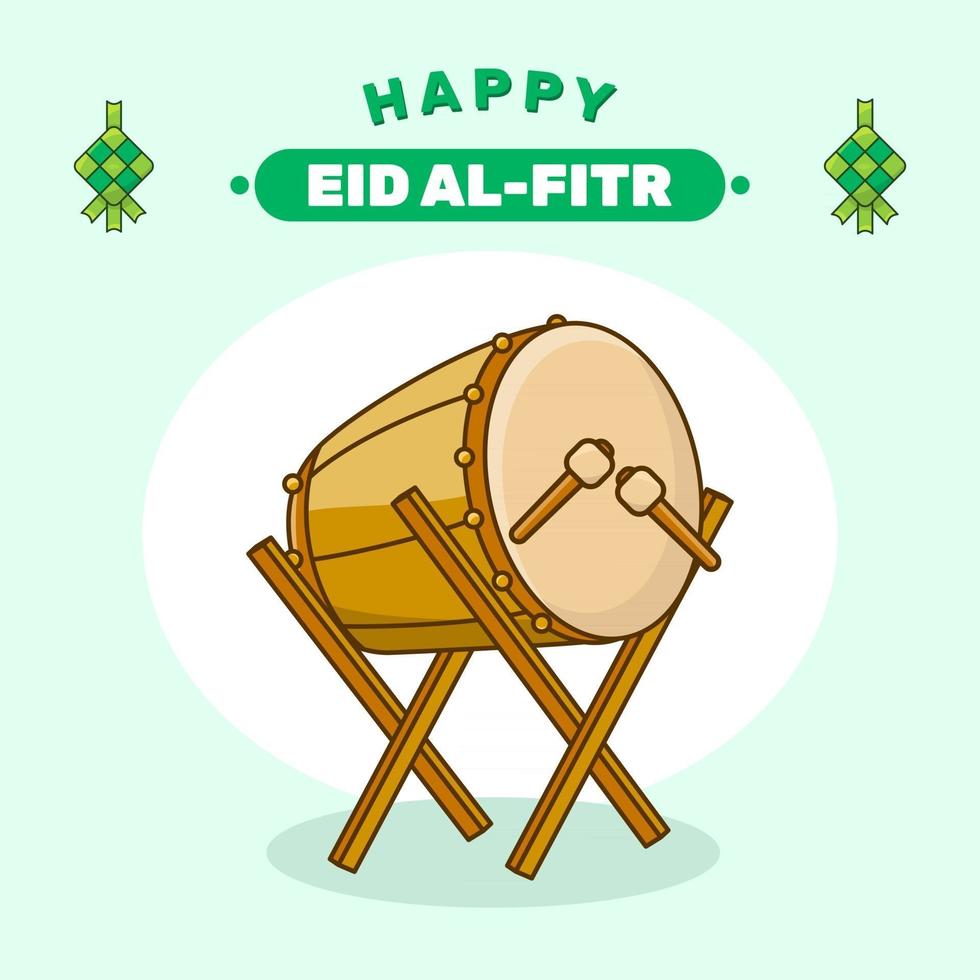 Happy eid alfitr carte illustration bedug tambour avec bâton dessin animé icône illustration gens religion icône concept plat style cartton eid mubarak vecteur