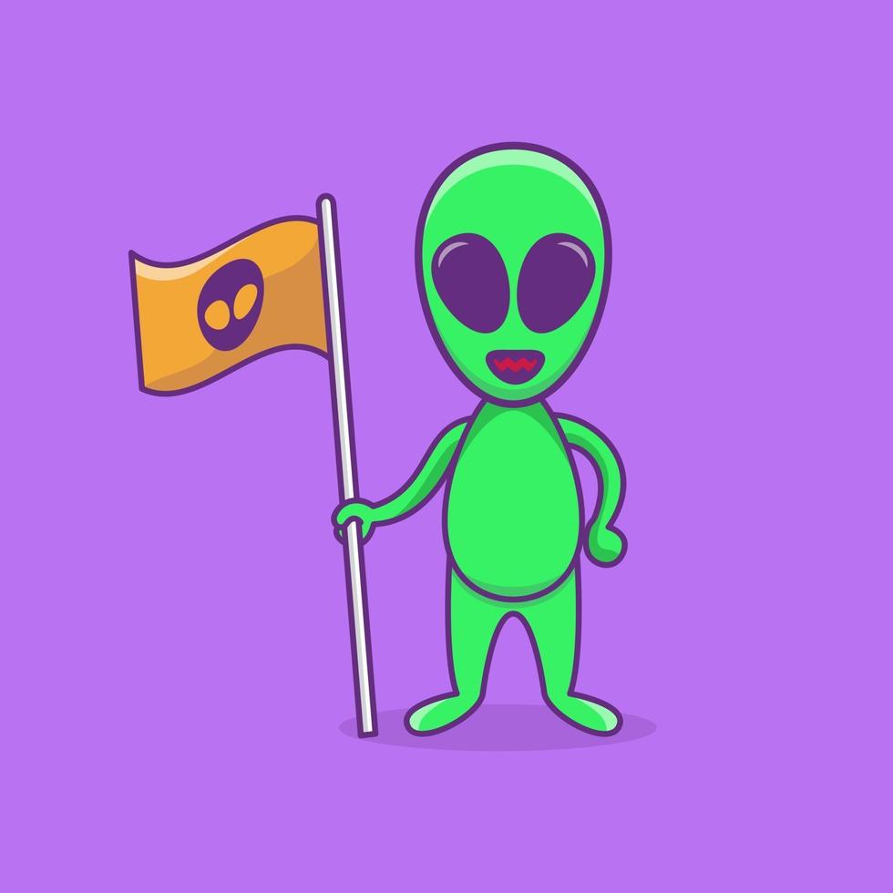 extraterrestre tenant le drapeau mignon alien mascoot personnage cartoon alien illustration design plat vecteur