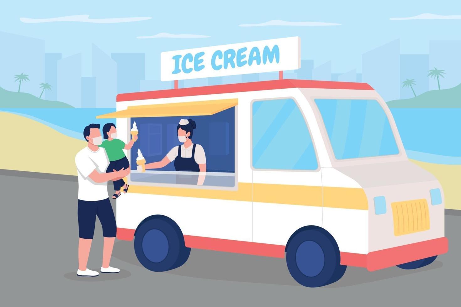 acheter de la crème glacée sur la plage au cours de l & # 39; illustration vectorielle pandémique couleur plat vecteur
