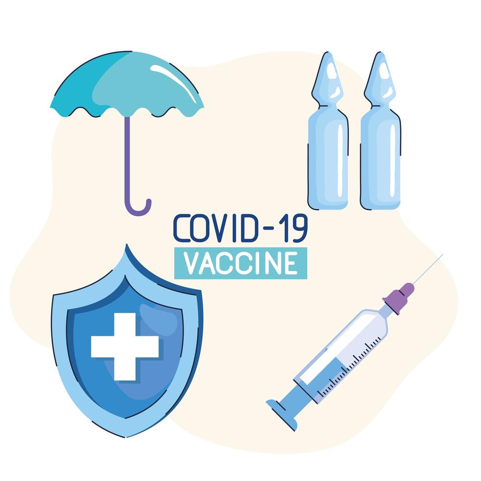 lettrage de vaccin covid19 avec quatre icônes vecteur
