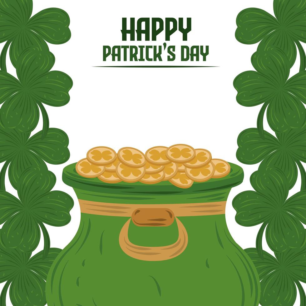 bonne patricks day chaudron avec pièces de monnaie et carte de décoration de frontière de trèfles vecteur