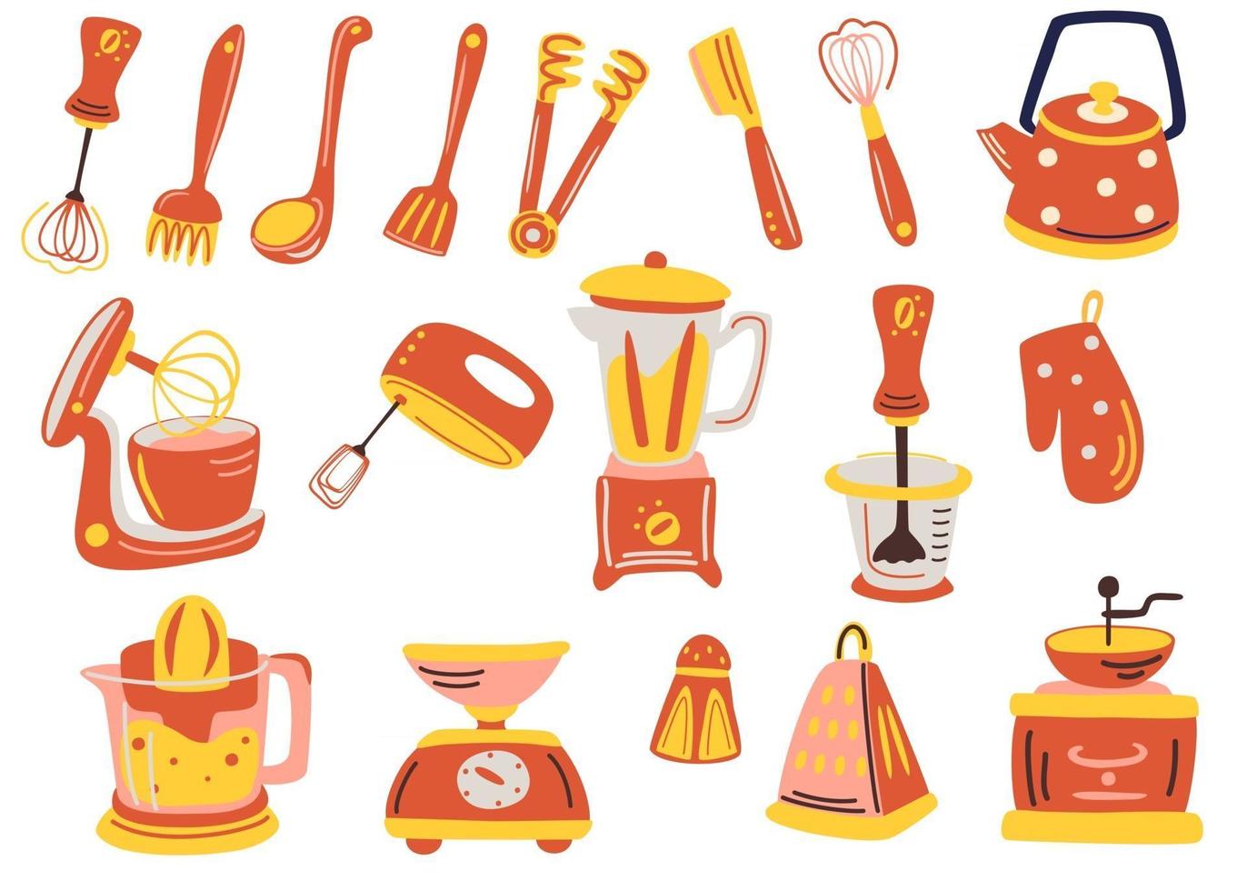 grand ensemble d'ustensiles de cuisine outils et accessoires pour la cuisson cuisson cuisson friture fouet couverts sel théière spatules presse-agrumes moulin à café mélangeur échelle vecteur plat illustration pour la cuisson