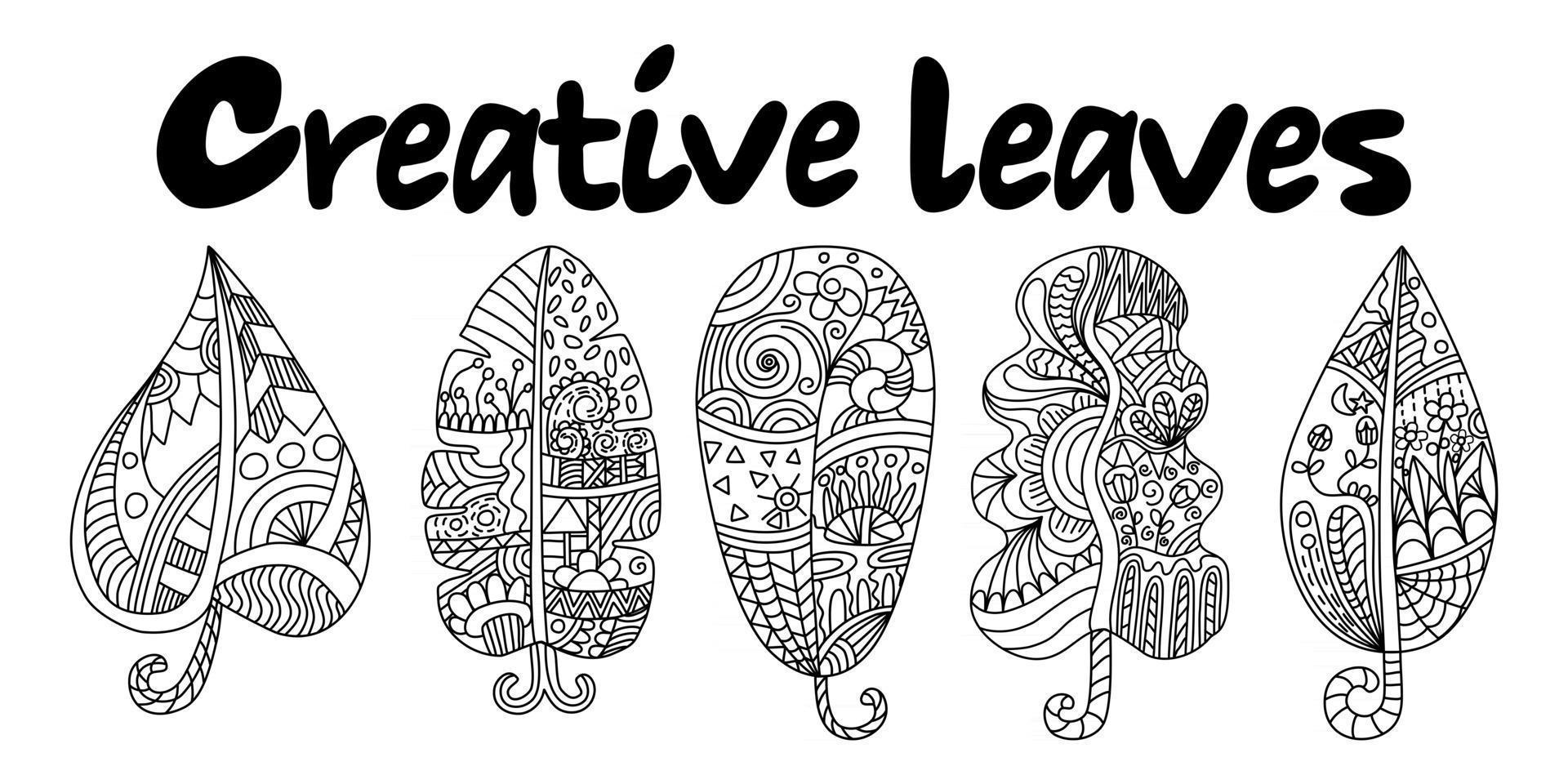 feuilles créatives dans la conception de style doodles noir et blanc vecteur