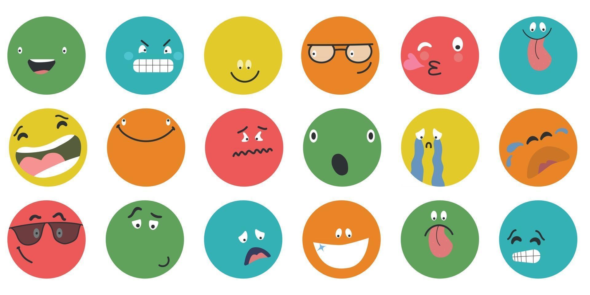 visages de bande dessinée abstraite ronds avec diverses émotions différents personnages colorés style de dessin animé émoticônes design plat ensemble visages emoji émoticône sourire expression de smiley numérique émotions sentiments chat messager émoticônes vecteur