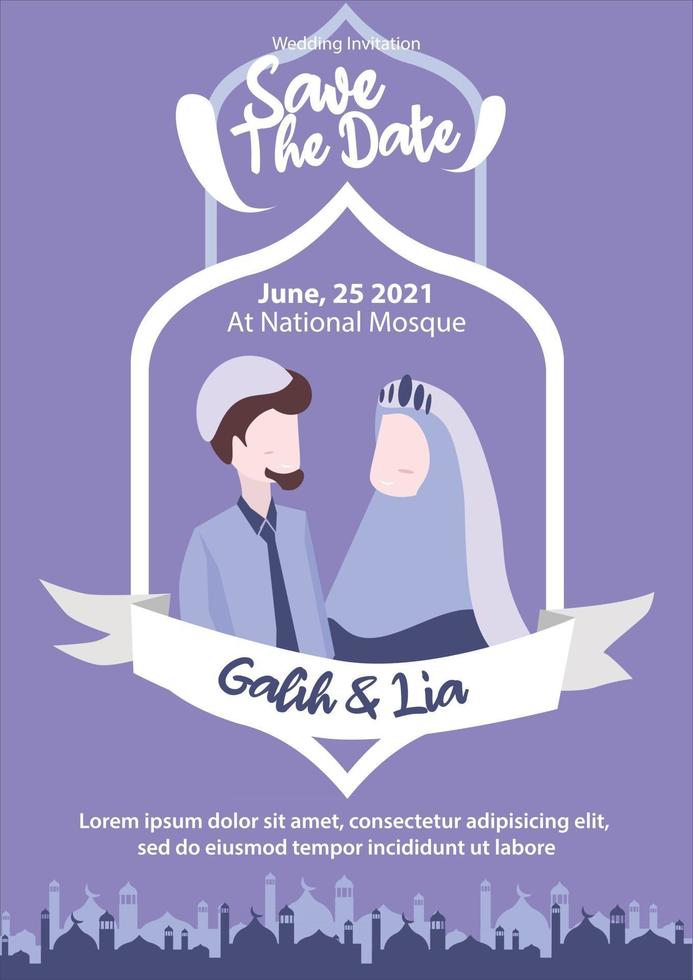 illustration de couple musulman pour invitation de mariage mosquée islamique hijab violet réservez la date vecteur