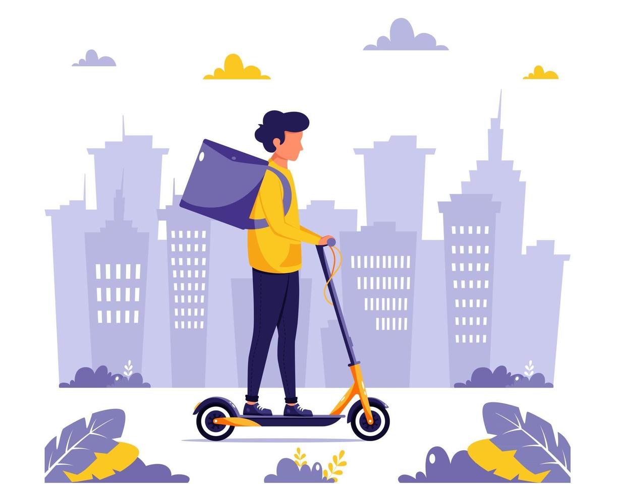 caractère de courrier de service de livraison équitation par concept de transport écologique scooter électrique vecteur
