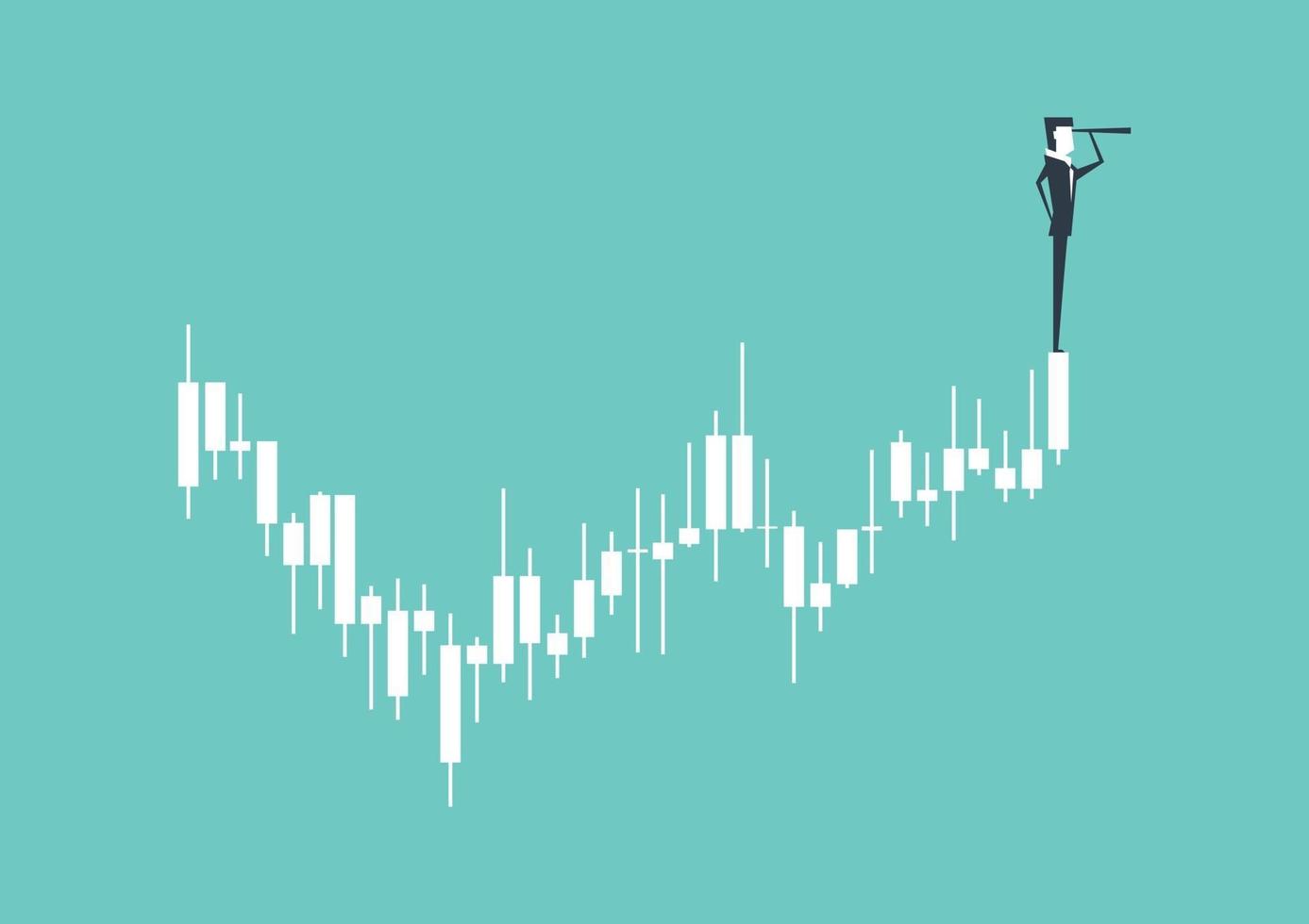 homme d & # 39; affaires regardant à travers le télescope sur le dessus du graphique bougie finance vecteur