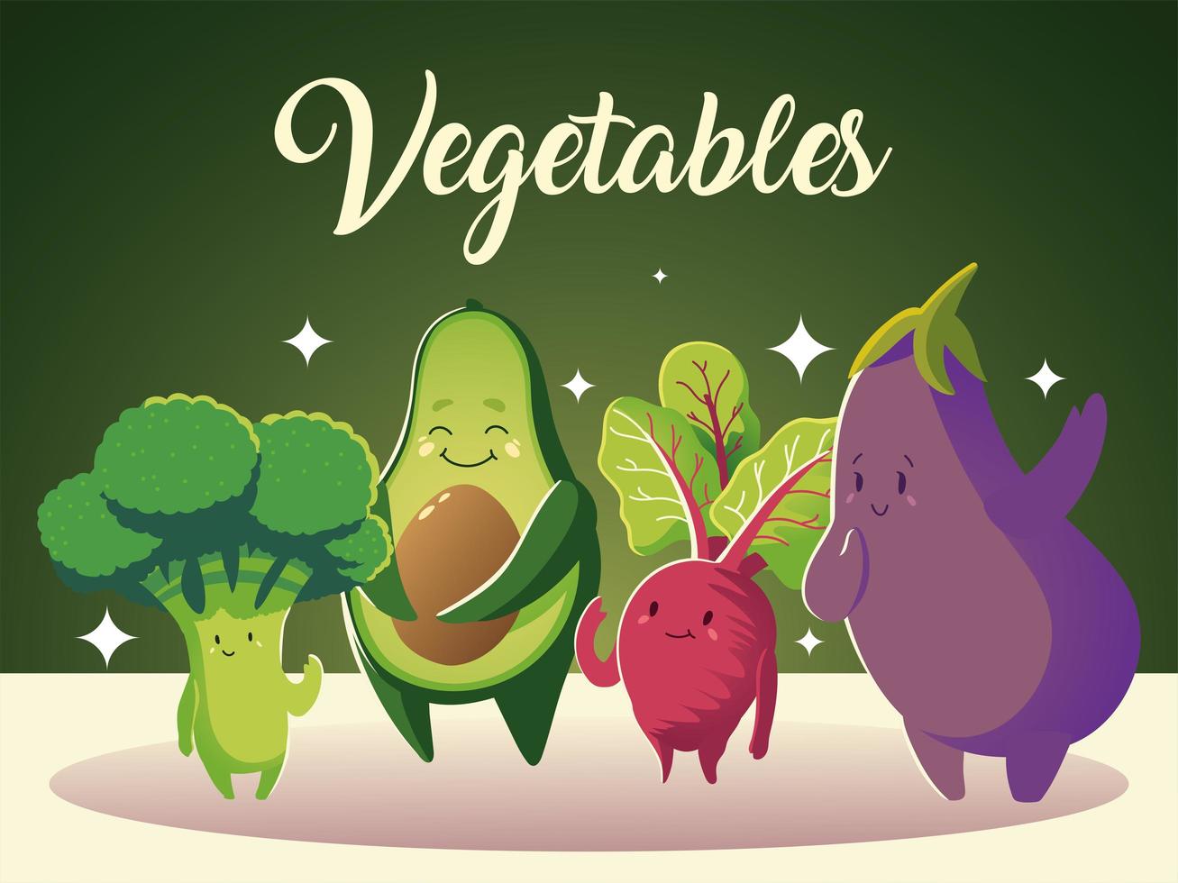 légumes avocat brocoli radis et aubergine dessin animé détaillé vecteur