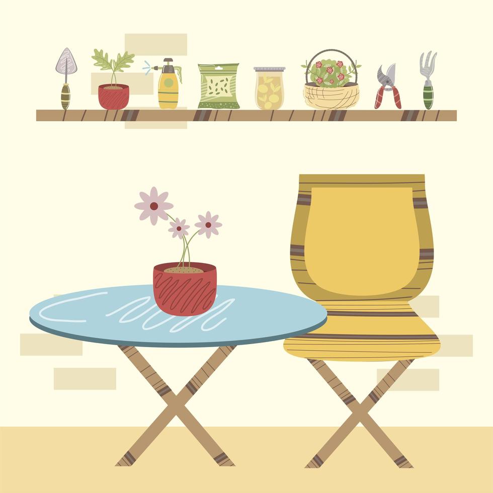 Table de jardin à la maison avec des fleurs en pot et des plantes sur étagère vecteur