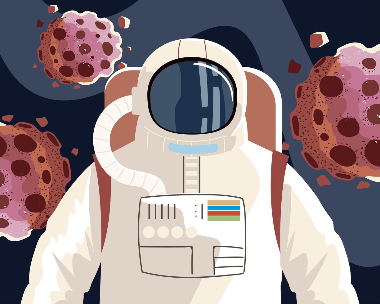 cosmonaute de l'explorateur de l'espace ou astronaute en combinaison spatiale avec des astéroïdes vecteur