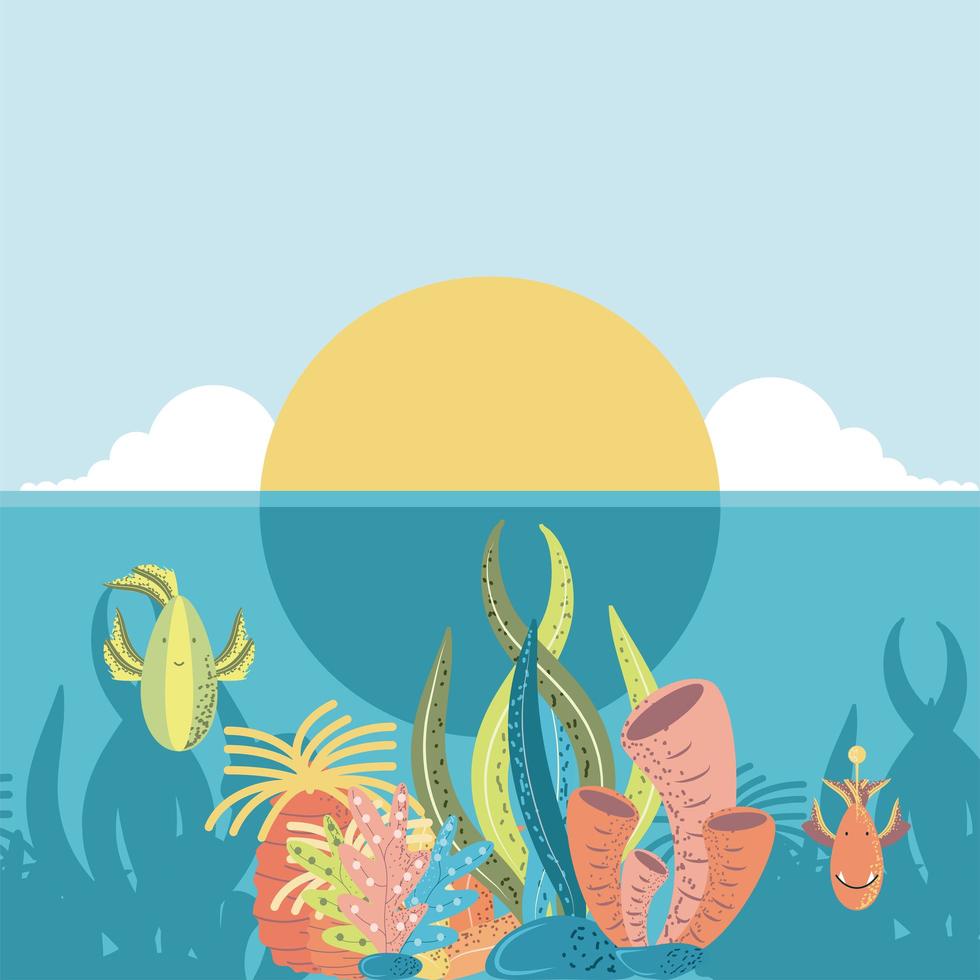 monde sous-marin coucher de soleil océan poissons corail et algues vecteur