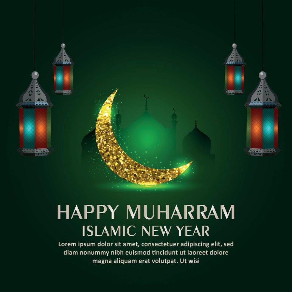 joyeux muharram fond de célébration du nouvel an islamique avec la lune dorée de paillettes et la lanterne sur fond vert vecteur