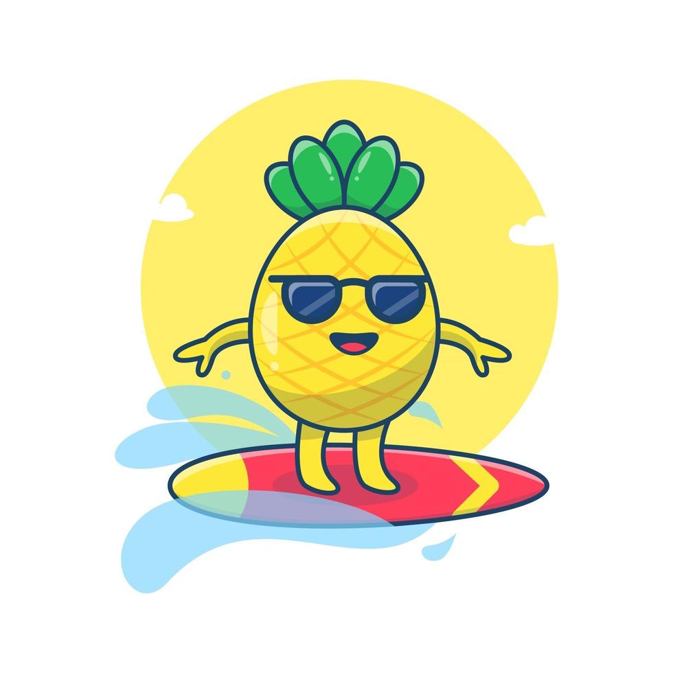 mignon, ananas, surf, dessin animé, mascoot, vecteur, illustration, kawaii, ananas été, caractère vecteur