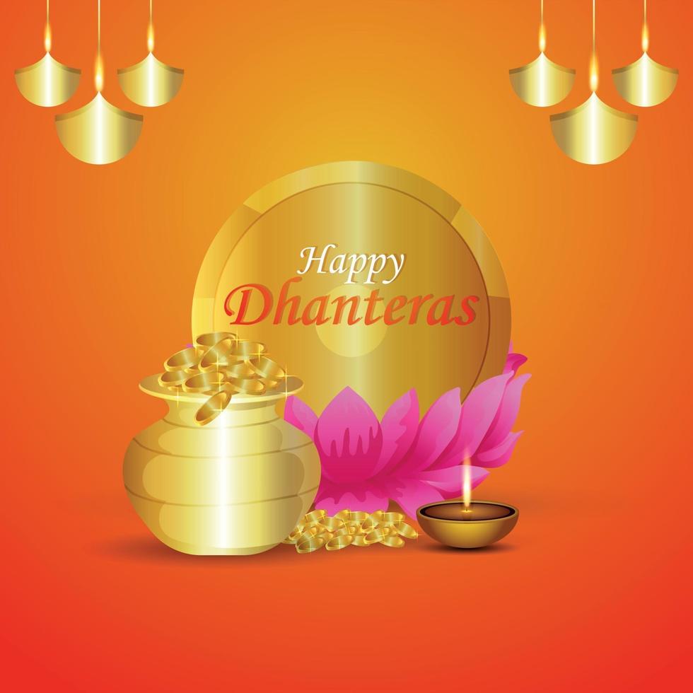 fond de célébration de dhanteras heureux avec pot de pièce d'or réaliste avec fleur de lotus vecteur