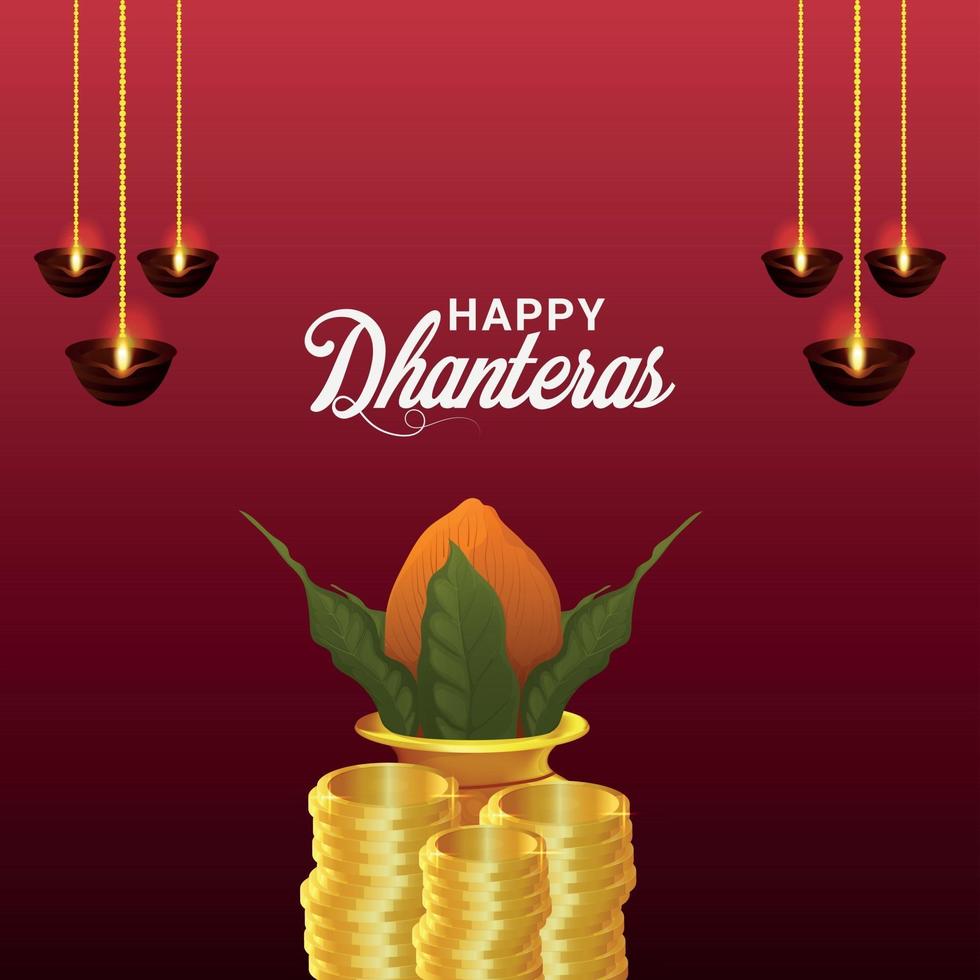 joyeux dhanteras carte de voeux de festival indien avec pot de pièces d'or et kalash vecteur