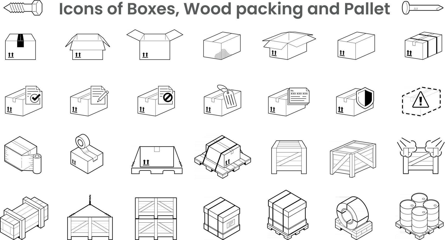 packs d'icônes de boîtes d'emballage et de palette en bois vecteur